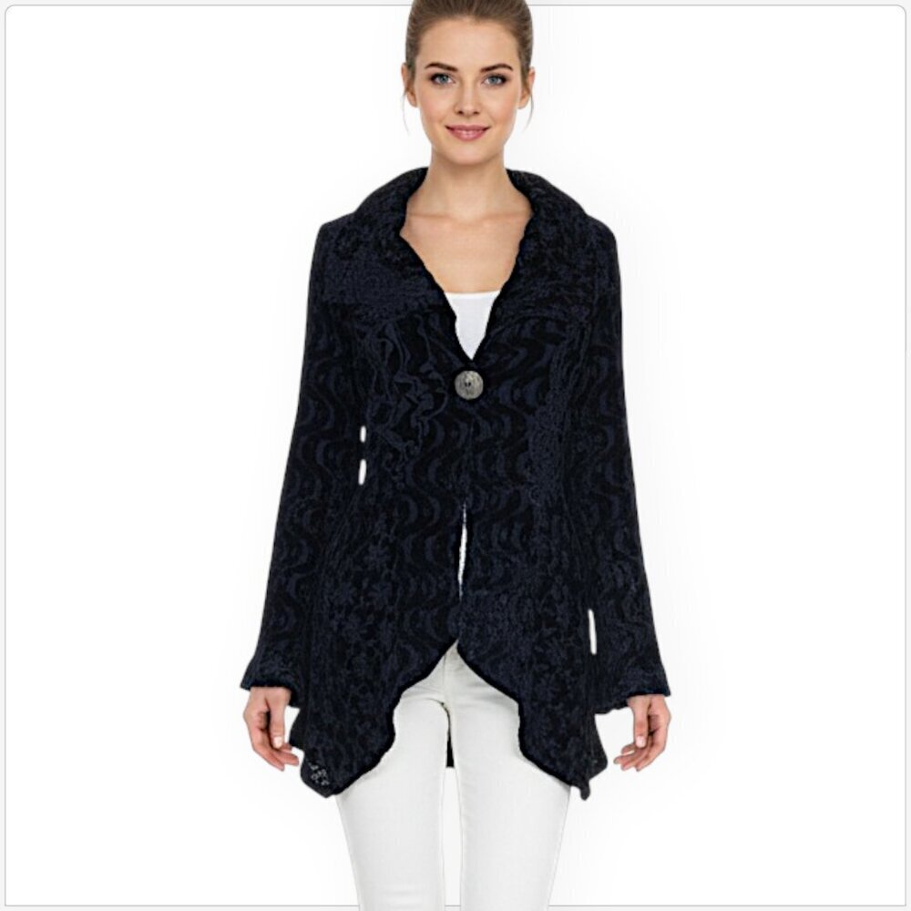 Cris Moda Positano Italy Black Velvet Chenille Embroidered Sweater Jacket M L ?